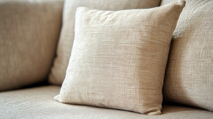 Obraz premium Detailed shot of a beige sofa with two plush pillows, neutral tones ideal for a background, studio lighting enhancing the fabric texture