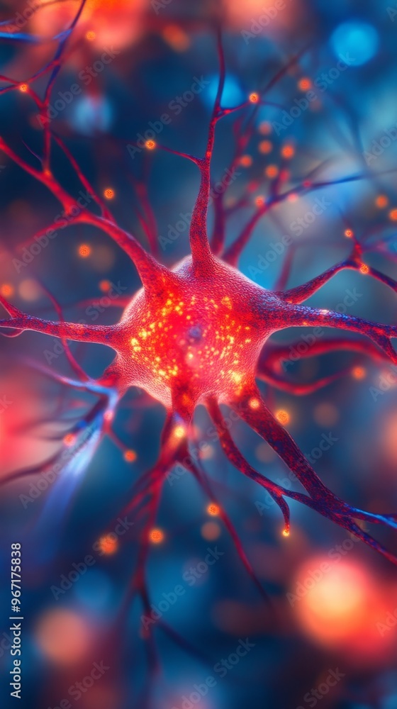 Poster Neuron network with glowing synapses, close-up view. Neuroscience and technology concept
