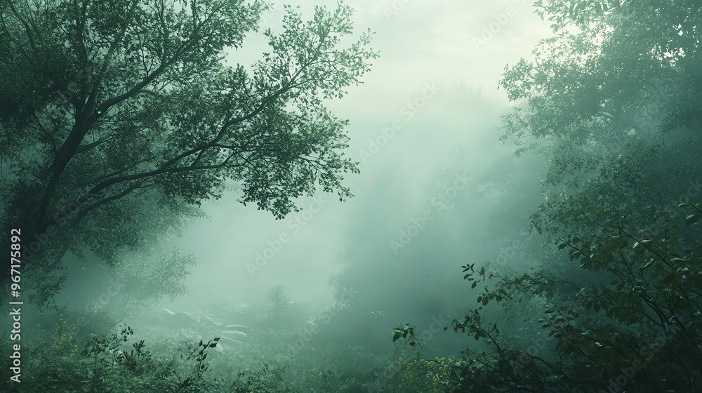 Poster mysterious fog envelops a tranquil forest, creating an enchanting atmosphere perfect for nature love