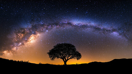 The magnificent Milky Way stretches across the clear night sky, with a silhouette of a lonely tree in the foreground, vast natural landscapes and mysterious starry sky.