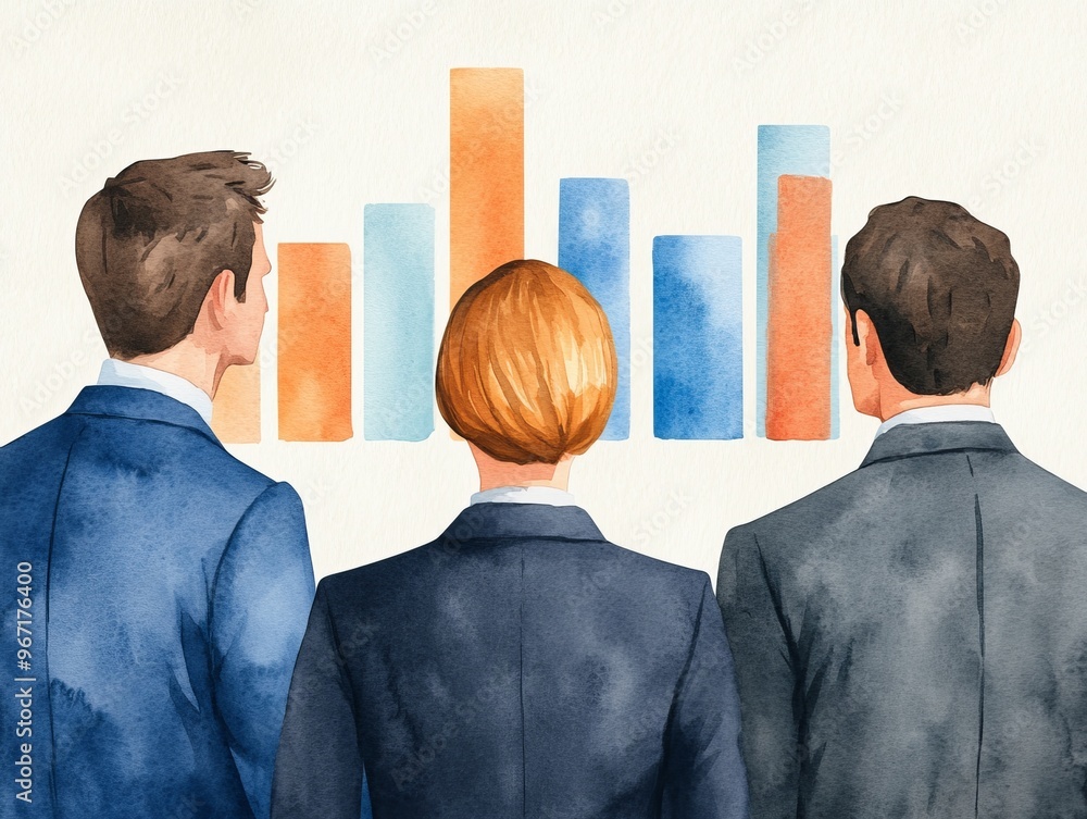 Poster three businesspeople stand in front of a bar graph, analyzing data and strategy.