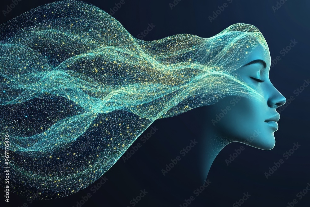 Poster transformation neural science neural web mental strength and audio frequency woman with flowing data