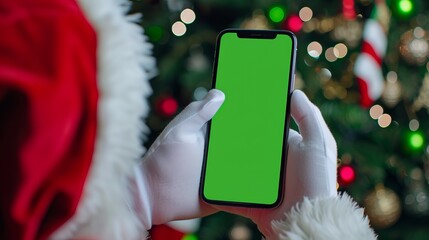 White gloves hands Santa Claus holding and showing smartphone with green chroma key screen in hands on festive background, Christmas new year sale promotions, app advertisements and holiday discounts
