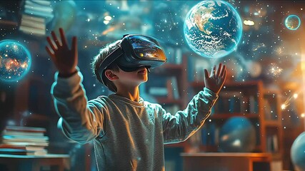 Surprised schoolboy boy pupil with VR glasses studying at classroom. Simulation science. Student uses a virtual reality headset to study. Futuristic lifestyle learning astronomy and planets - Powered by Adobe