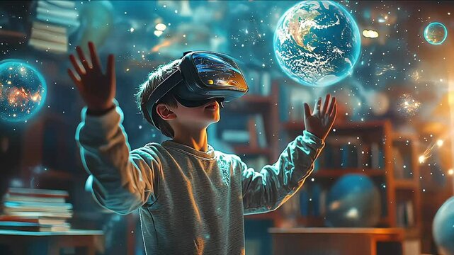 Surprised schoolboy boy pupil with VR glasses studying at classroom. Simulation science. Student uses a virtual reality headset to study. Futuristic lifestyle learning astronomy and planets