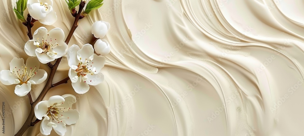 Poster delicate abstract white wave with a single blossom and subtle textures in high detail