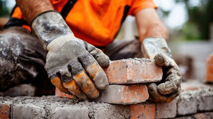 Skilled Construction Worker Laying Bricks with Mortar at Building Site