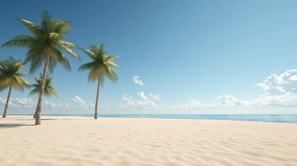 Tranquil beach scene with swaying palm trees under a clear blue sky. White sand beach with calm, azure water in the distance.