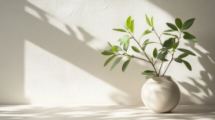 Green Plant Branch in a White Vase with Sunlit Shadows on a White Wall