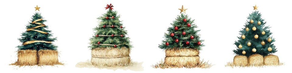 Watercolor Christmas Farm, Festive four unique Christmas trees adorned with colorful decorations, holiday themes. Isolate on white background