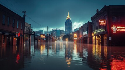 Fototapeta premium Downtown Nashville's famous landmarks submerged in floodwaters, showing the historic event's impact on the city