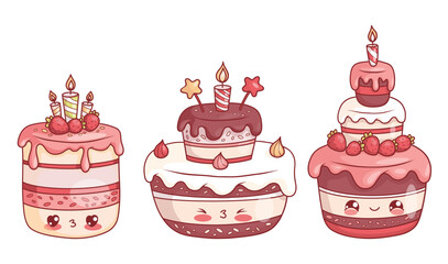 Cute birthday cake kawaii cartoon character set. Funny creamy bakery with strawberries, with drops dripping fruit glaze and festive candle. Isolated Sweet food. Vector illustration