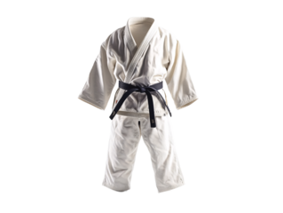 a white karate uniform with black belt