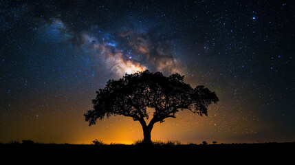 The magnificent Milky Way stretches across the clear night sky, with a silhouette of a lonely tree in the foreground, vast natural landscapes and mysterious starry sky.