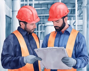 Two construction workers wearing hard hats and safety vests review plans on a clipboard.