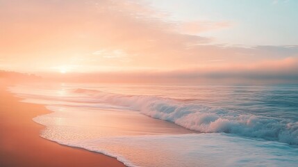 Obraz premium A serene beach at sunset, with gentle waves lapping against the shore, creating a tranquil atmosphere.