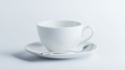 Fototapeta premium White Ceramic Coffee Cup on Saucer on Minimalist Table Surface