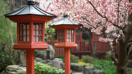 Japanese lanterns on asian garden with blossom trees