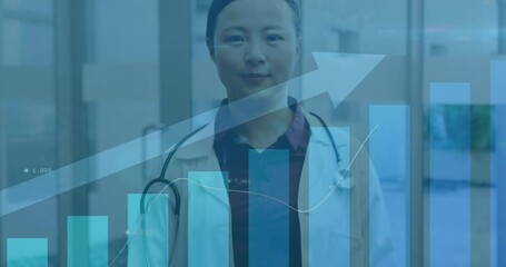 Animation of financial data processing over asian female doctor in hospital - Powered by Adobe