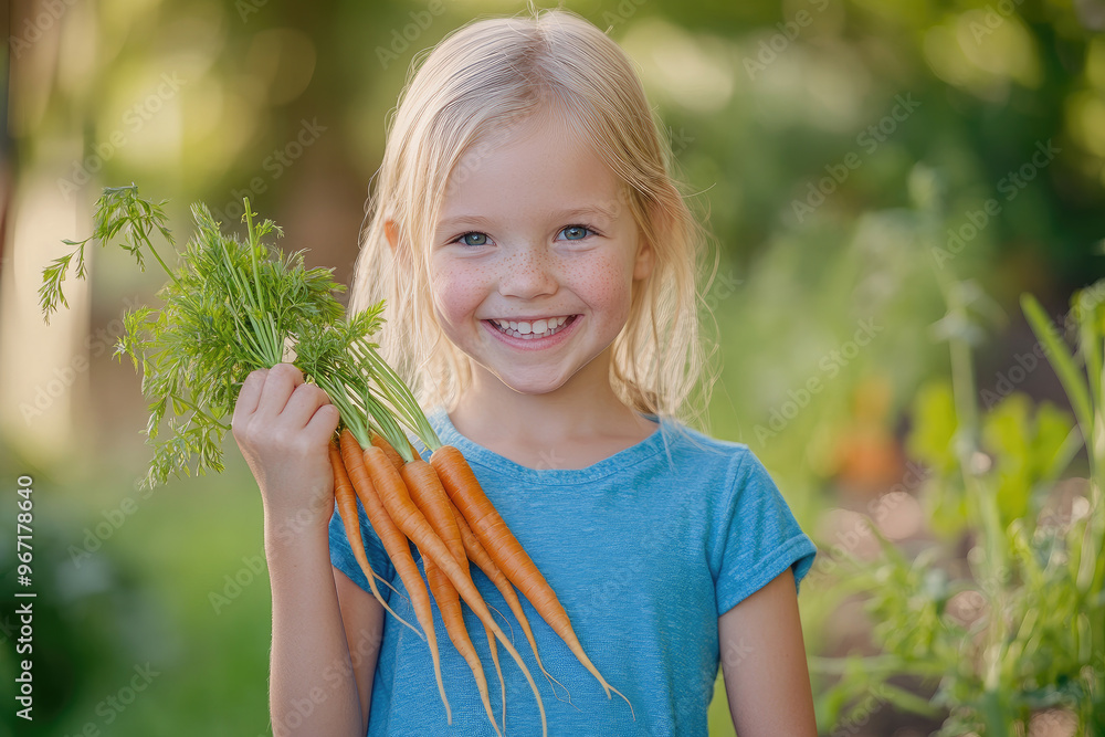 Canvas Prints A happy, blonde-haired girl is holding carrots and other garden vegetables, having fun on the farm with a green field in the background