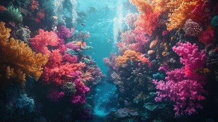 Fototapeta premium Dynamic underwater scene in Thailand's coral reefs, with colorful corals of different shapes and sizes creating a mesmerizing marine environment