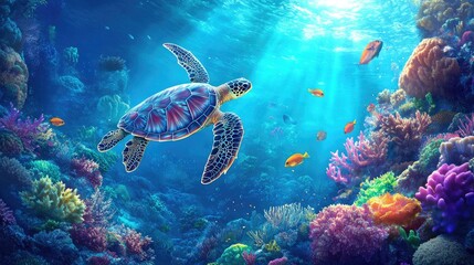 Naklejka premium Dynamic view of marine life thriving in a coral reef, featuring neon-colored fish darting around and a sea turtle gracefully moving through the scene