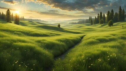 Obraz premium A beautiful, sunlit field with a path running through it