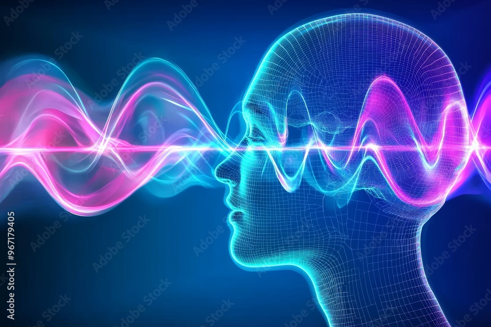Poster neural pathways energy flow resonance signal transmission and matrix abstract head with flowing wave