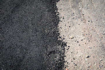 Road construction, new and old asphalt pavement