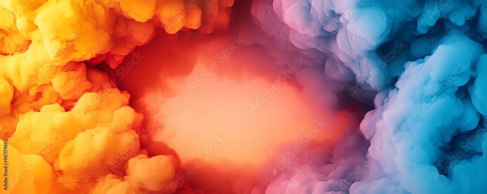 Poster vibrant abstract smoke forms in orange and blue, creating a dynamic backdrop for creative designs an