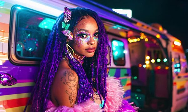 Girl in a stylish night club fashion look. Music festival, party concept.
