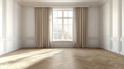 Obraz premium Elegant, empty room in 3D, with parquet flooring, a white wall, a wide window with white vitrage, and three beige curtains softly framing the window