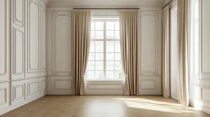 Elegant, empty room in 3D, with parquet flooring, a white wall, a wide window with white vitrage, and three beige curtains softly framing the window