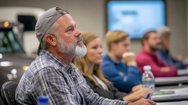 Group of individuals engaged in a training workshop, attentively listening while taking notes in a conference room setting
