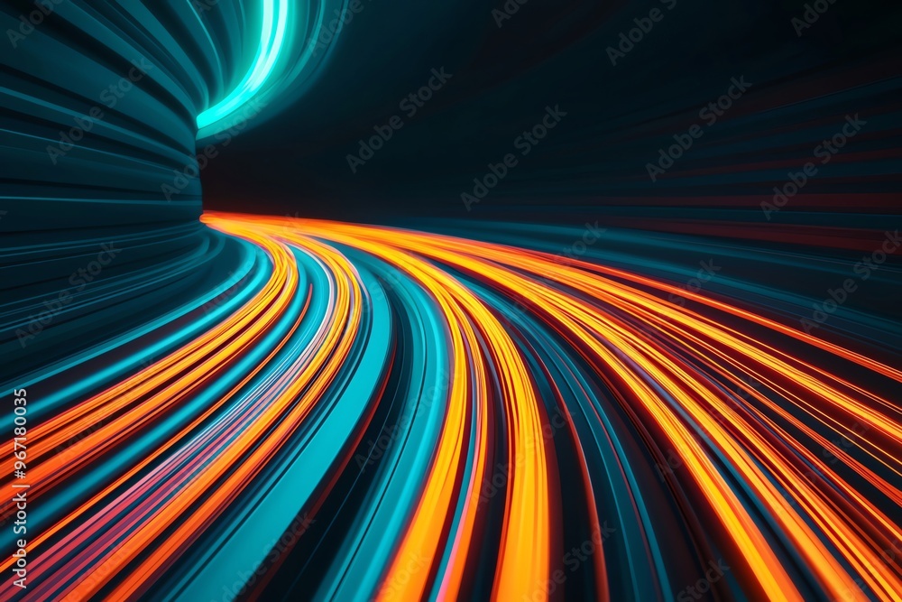 Poster vibrant light trails swirling through a dark tunnel, creating a dynamic sense of movement and energy