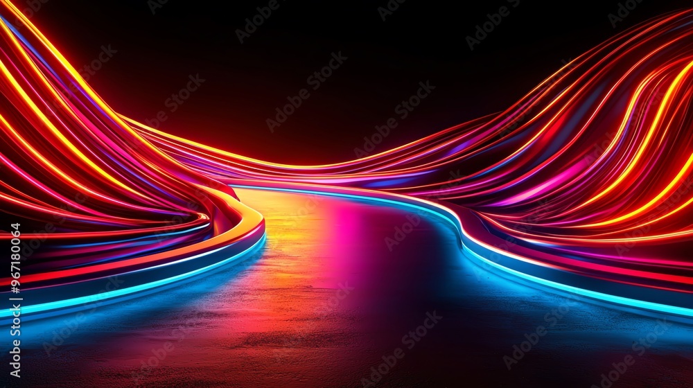 Poster vibrant neon light waves create a mesmerizing pathway in a dark space, illuminating the atmosphere w