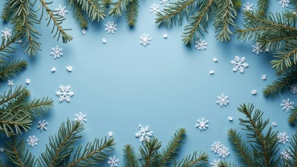 Obraz premium Winter greeting with snowflakes and evergreen branches on blue background