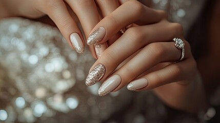 Elegant French wedding manicure with glitter tips, brideaes hands adjusting her bridal jewelry, festive and glamorous