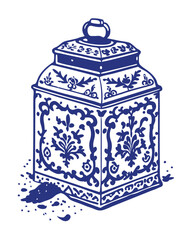 A hand-drawn illustration of a detailed Victorian tea caddy, an antique tea caddy with ornate floral patterns and a blue and white color scheme.