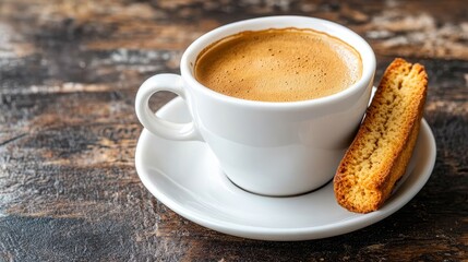 Fototapeta premium A cup of espresso served with a biscotti on a saucer, showcasing a cozy coffee moment.