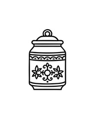 A detailed line drawing of a Victorian tea caddy with ornate floral patterns and a lid.