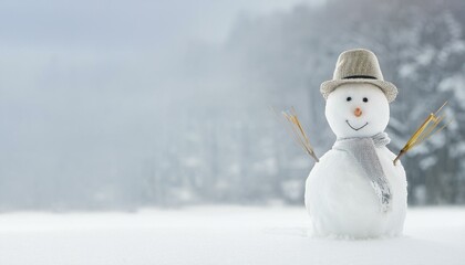 Panoramic view of happy snowman in winter secenery with copy space