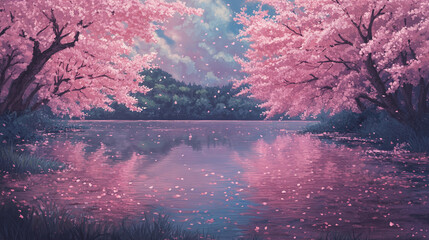 Serene Cherry Blossom Lake: Tranquil Spring Landscape, Anime Style © Matsuo Studio