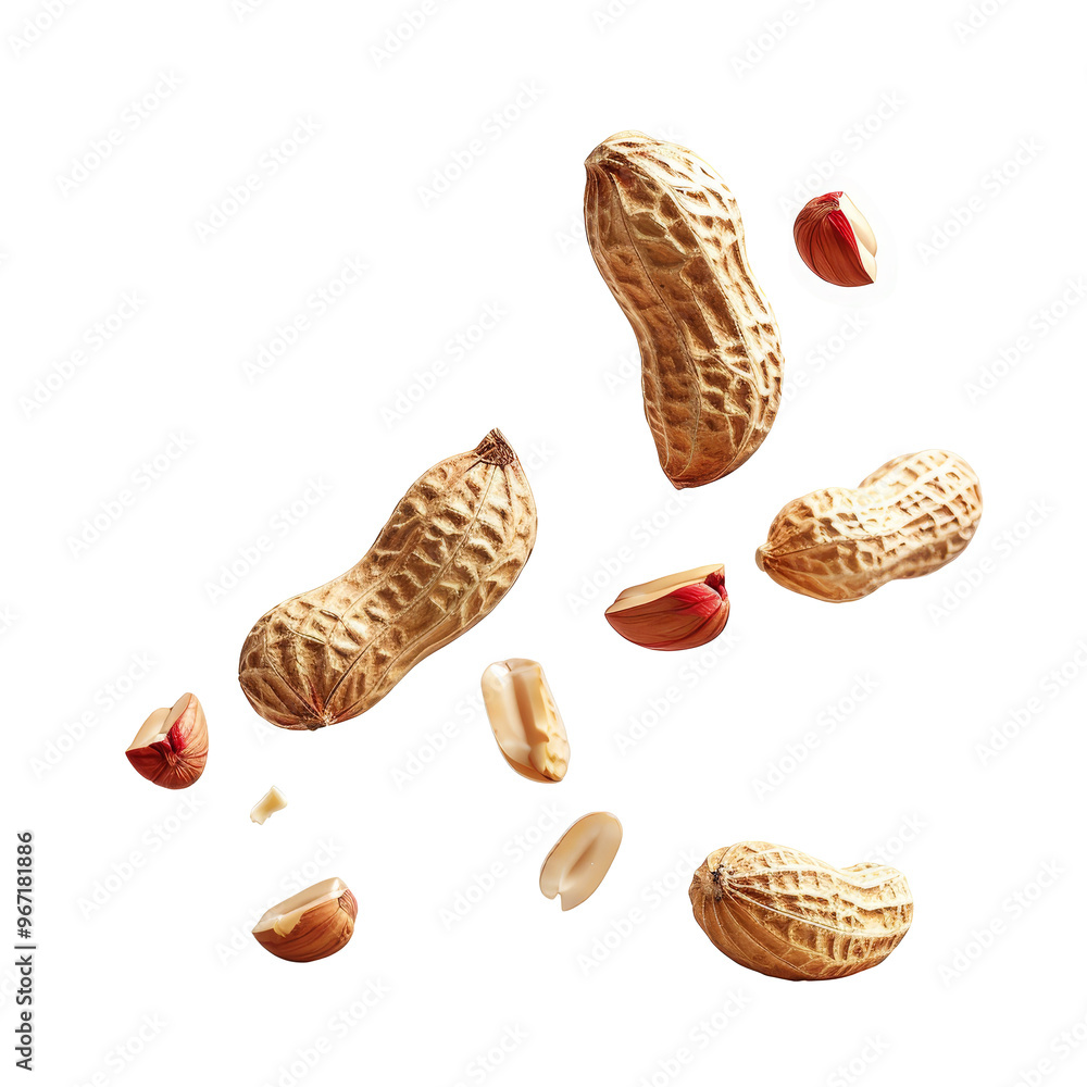 Poster peanuts in various stages of being shelled, captured on a bright transparent background to highlight