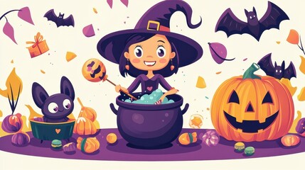 A cheerful witch brews a potion in her cauldron surrounded by playful bats, pumpkins, and colorful Halloween treats and decorations