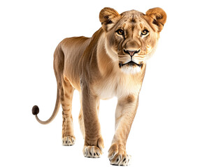 a lion walking on a white background