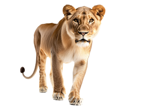 a lion walking on a white background