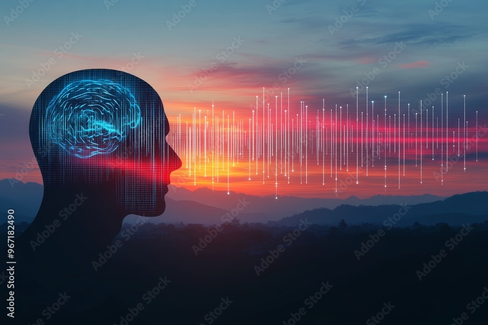Poster electric glow visual metaphor radiology virtual and brainwaves profile of a man with brain visual an