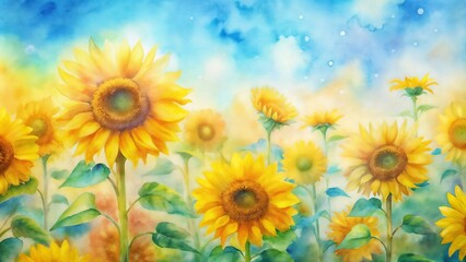 Obraz premium Bright watercolor sunflowers in a vibrant field for cheerful decoration and summer inspiration