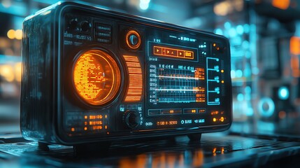Obraz premium A vintage radio with glowing dials, perfect for adding a nostalgic touch to retro-themed designs or technological imagery.